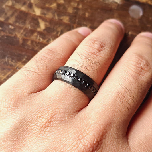 Diamond Faceted Black Tungsten Ring: Men's Wedding Band, 10mm