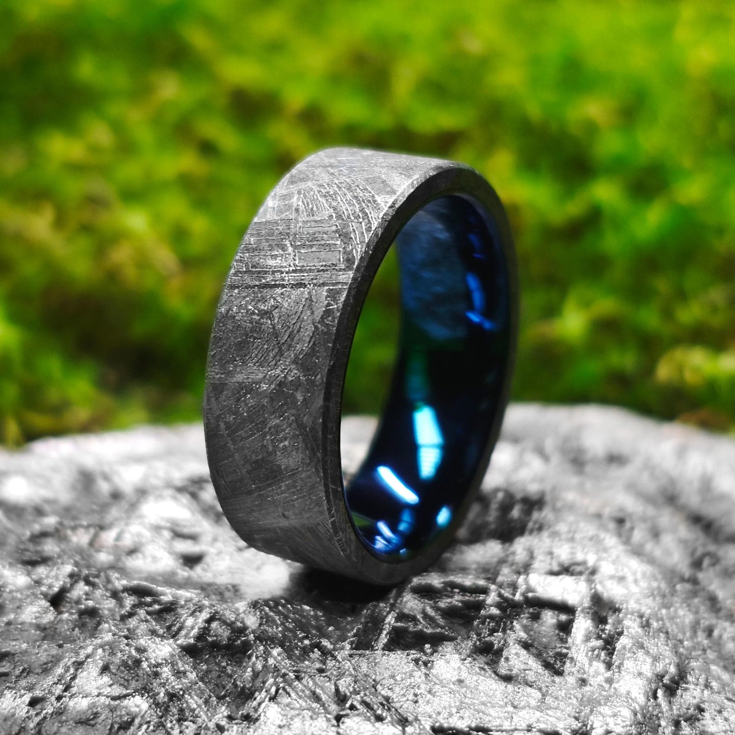 Electric Blue Tungsten Muonionalusta Meteorite Ring – The Fusion of Cosmic Elegance and Ultimate Durability