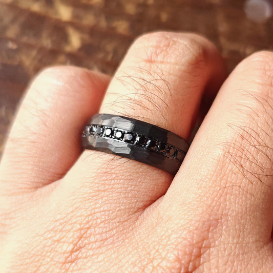 Diamond Faceted Black Tungsten Ring: Men's Wedding Band, 10mm